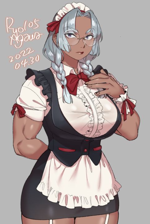 1girl agawa_ryou apron bangs biceps black_skirt black_vest bow bowtie braid breasts collared_shirt cowboy_shot dark-skinned_female dark_skin dated dress_shirt english_commentary frilled_apron frills garter_straps glasses grey_background grey_eyes large_breasts long_hair looking_at_viewer maid_apron maid_headdress muscular muscular_female original parted_bangs pencil_skirt red_bow red_bowtie red_legwear rimless_eyewear round_eyewear shirt signature silver_hair simple_background skirt solo thick_thighs thighs twin_braids vest white_apron white_garter_straps wrist_cuffs