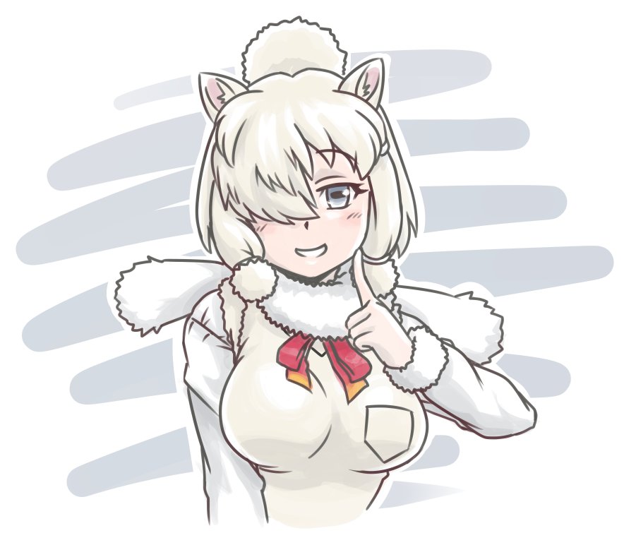 1girl acesrulez alpaca_ears alpaca_girl alpaca_suri_(kemono_friends) animal_ears blue_eyes blush breast_pocket commentary_request eyebrows_visible_through_hair finger_to_cheek fur_collar fur_trim hair_bun hair_over_one_eye hair_tubes kemono_friends long_sleeves neck_ribbon pocket red_ribbon ribbon short_hair smile solo sweater vest white_fur white_hair white_sweater