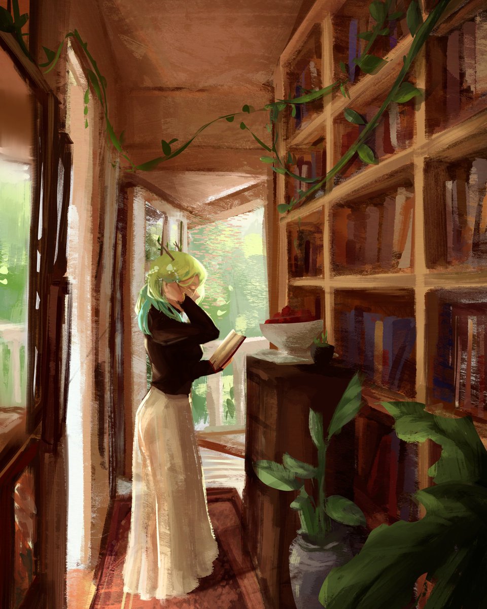 1girl book bookshelf branch breasts ceres_fauna food fruit green_hair hand_in_own_hair highres hololive hololive_english horns indoors jar koicoyart large_breasts leaf long_skirt medium_hair nature painting_(medium) plant potted_plant railing reading rug see-through see-through_skirt shelf skirt standing traditional_media vines wavy_hair