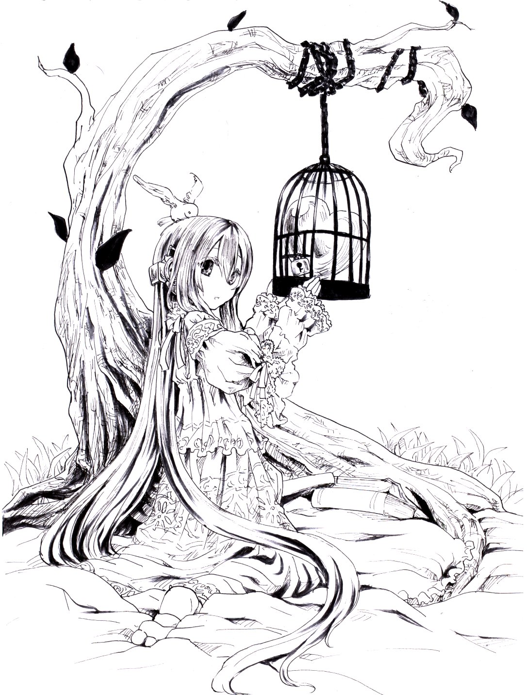 1girl bird birdcage book cage dress from_side greyscale heart_out_of_chest highres juliet_sleeves kneeling komota_(kanyou_shoujo) long_hair long_sleeves looking_at_viewer looking_to_the_side monochrome original parted_lips pillow puffy_sleeves simple_background sleeve_ribbon solo tree very_long_hair white_background
