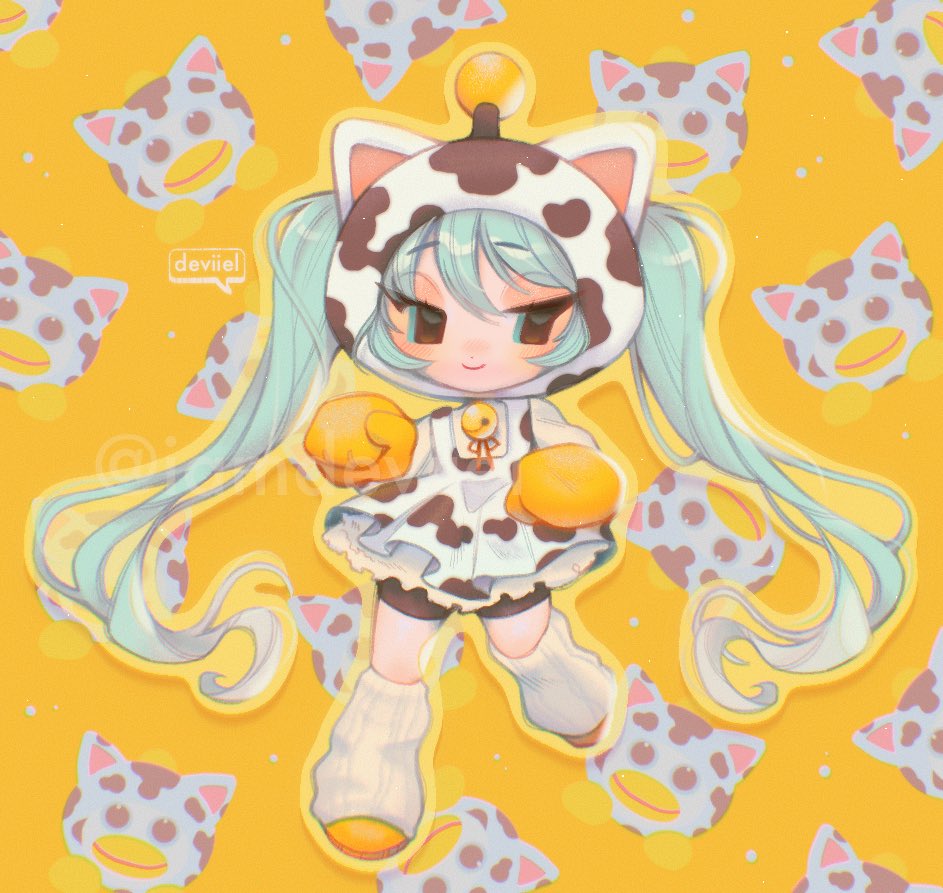 1girl animal_ears animal_hood animal_print aqua_eyes aqua_hair artist_name bell black_shorts boxing_gloves closed_mouth cosplay cow_print crossover english_text eyebrows_visible_through_hair fake_animal_ears forehead frilled_skirt frills gloves hair_between_eyes hatsune_miku hood hood_up iamdeviiel itemlabel legs_apart long_hair looking_away loose_socks multicolored_hair neck_bell neck_ribbon peepy peepy_(cosplay) red_ribbon ribbon shorts shorts_under_skirt skirt smile solo speech_bubble streaked_hair twintails two-tone_hair vocaloid white_hair yellow_footwear yellow_gloves