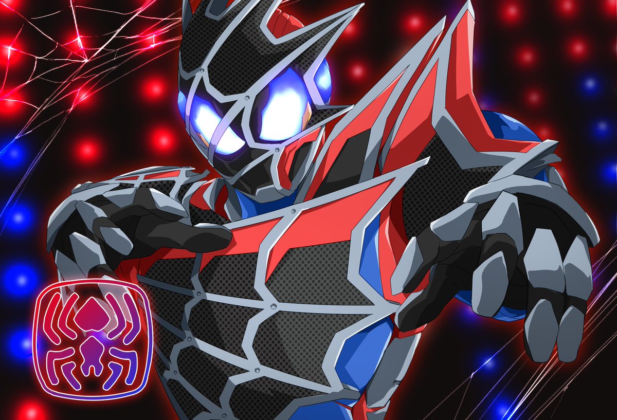 1boy armor asymmetrical_armor black_gloves blue_eyes dark_foreground fighting_stance gloves glowing glowing_eyes kamen_rider kamen_rider_demons kamen_rider_revice male_focus miyabi_(037) silk spider_genome spider_web spider_web_print stamp_mark tokusatsu vistamp