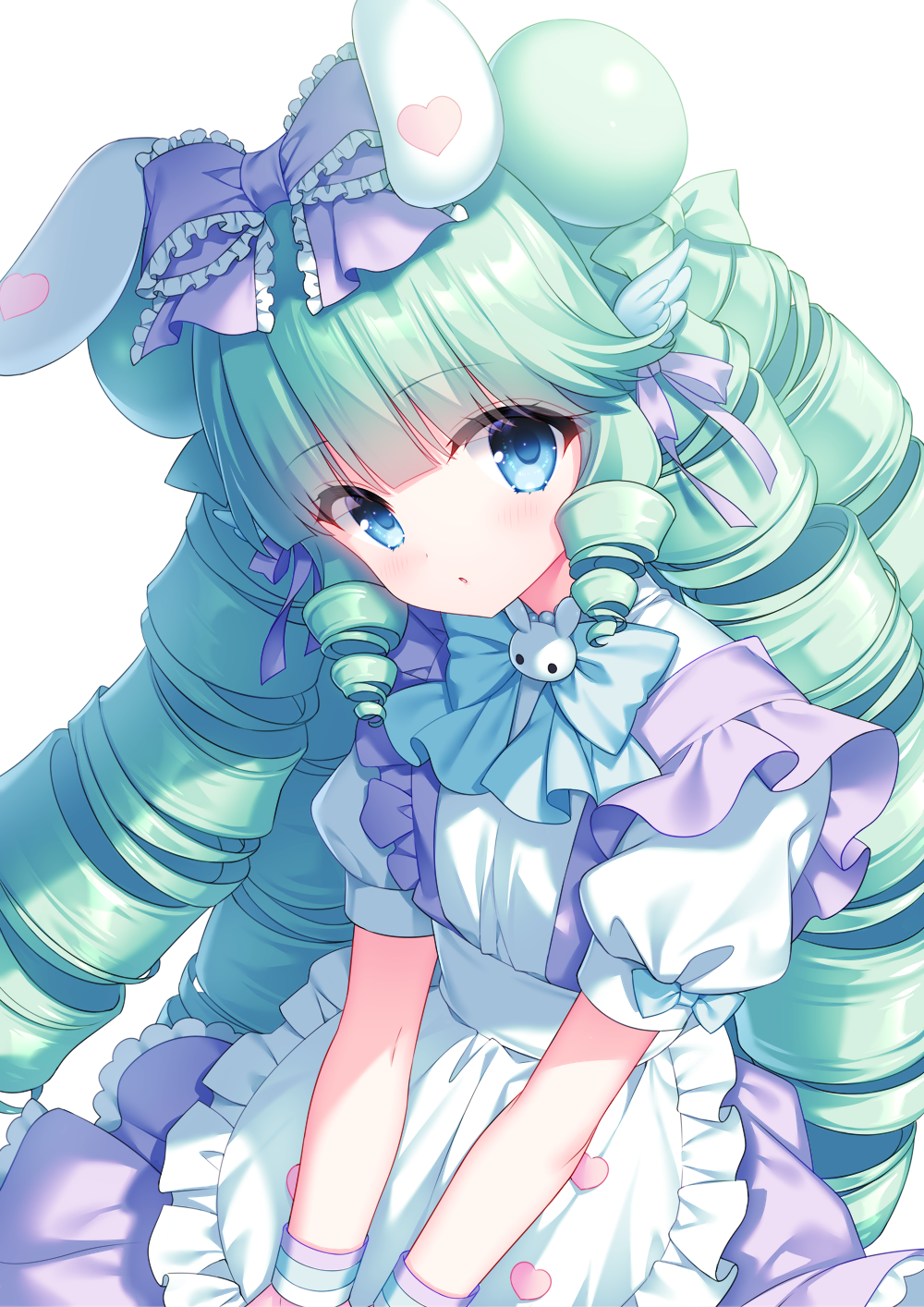 1girl animal_ears apron bangs blue_bow blue_eyes blush bow commentary commission drill_hair eyebrows_visible_through_hair frilled_apron frilled_bow frills green_bow green_hair hair_bow heart highres long_hair looking_at_viewer miruku_(cutesuu) original parted_lips puffy_short_sleeves puffy_sleeves purple_bow purple_skirt rabbit_ears sakura_neko shirt short_sleeves sidelocks simple_background skirt solo suspender_skirt suspenders symbol-only_commentary very_long_hair waist_apron white_apron white_background white_shirt wing_hair_ornament