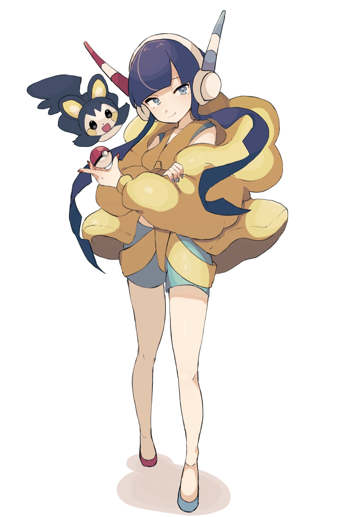 1girl bangs bike_shorts black_hair blue_nails blunt_bangs closed_mouth commentary_request donguri_big elesa_(pokemon) emolga flats full_body fur_jacket grey_eyes headphones highres holding holding_poke_ball jacket knees long_sleeves multicolored_hair nail_polish poke_ball poke_ball_(basic) pokemon pokemon_(creature) pokemon_(game) pokemon_bw2 red_nails short_hair_with_long_locks sidelocks smile standing streaked_hair white_background yellow_jacket