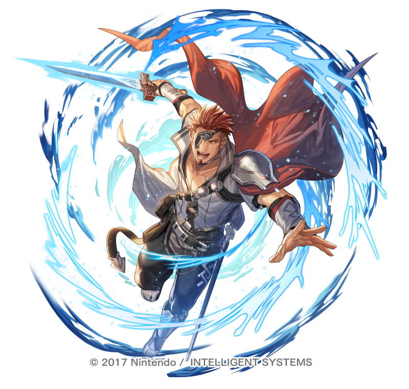 bag cape collared_shirt eyepatch facial_hair fire_emblem fire_emblem_echoes:_shadows_of_valentia fire_emblem_heroes floating_cape frostyvillager full_body goatee holding holding_sword holding_weapon leather_belt leather_strap male_focus muscular muscular_male official_alternate_costume official_art pectorals redhead saber_(fire_emblem) sandals satchel shirt solo sword weapon