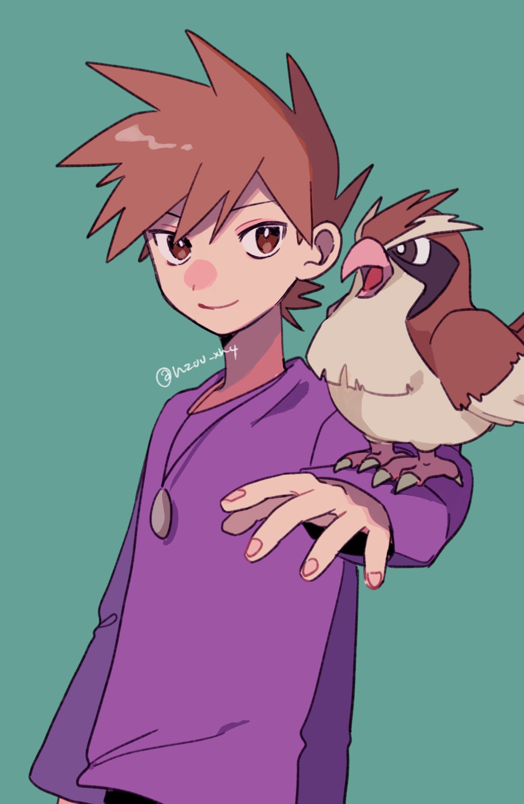 1boy animal_on_arm bangs bird bird_on_arm blue_oak brown_eyes brown_hair closed_mouth commentary_request green_background hand_up highres jewelry long_sleeves looking_at_viewer male_focus momotose_(hzuu_xh4) necklace pidgey pokemon pokemon_(creature) pokemon_(game) pokemon_on_arm pokemon_rgby purple_shirt shirt short_hair smile spiky_hair twitter_username