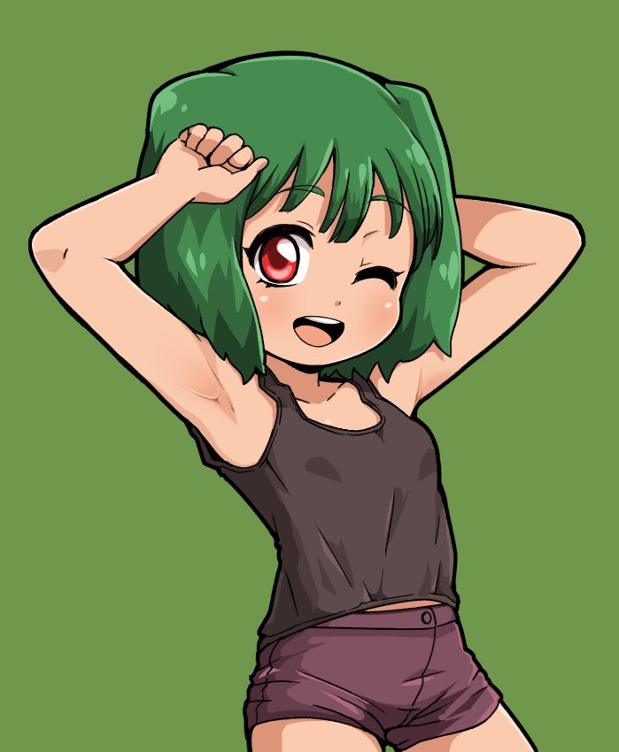 1girl armpits blush breasts green_hair hiru_made_ne-tarou looking_at_viewer macross macross_frontier one_eye_closed open_mouth ranka_lee red_eyes short_hair shorts simple_background smile solo