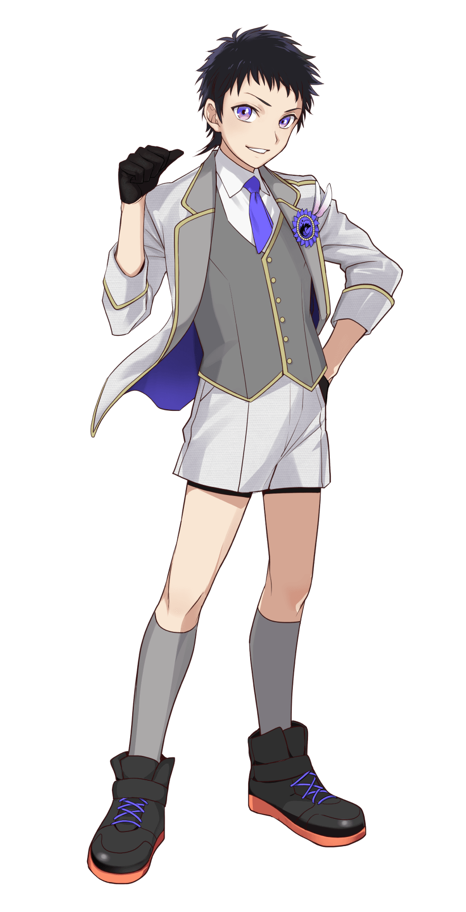 1boy black_hair full_body gloves grey_legwear highres idol_clothes idol_show_time long_sleeves looking_at_viewer male_focus official_art open_mouth pointing pointing_at_self shoes short_hair shorts smile sneakers socks solo tsukasa_satsuki violet_eyes white_background yanagi_ryo