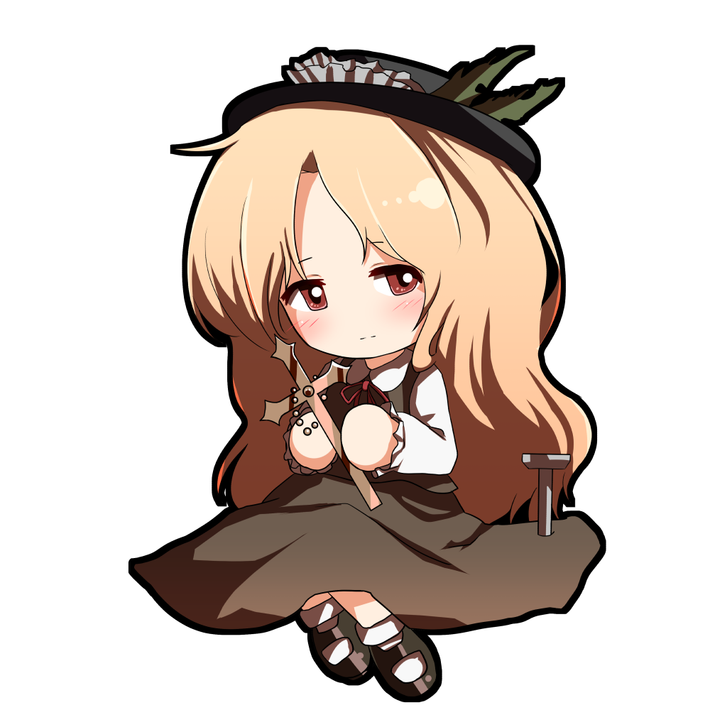 1girl black_headwear blonde_hair blush brown_footwear brown_skirt brown_vest chibi closed_mouth collared_shirt cross dolls_in_pseudo_paradise frilled_hat frilled_sleeves frills happy hat hat_feather holding holding_cross jacket_girl_(dipp) long_hair long_sleeves looking_at_viewer mary_janes red_eyes red_ribbon ribbon shirt shoes sitting skirt smile socks solo stake teruteru12 touhou very_long_hair vest white_legwear white_shirt