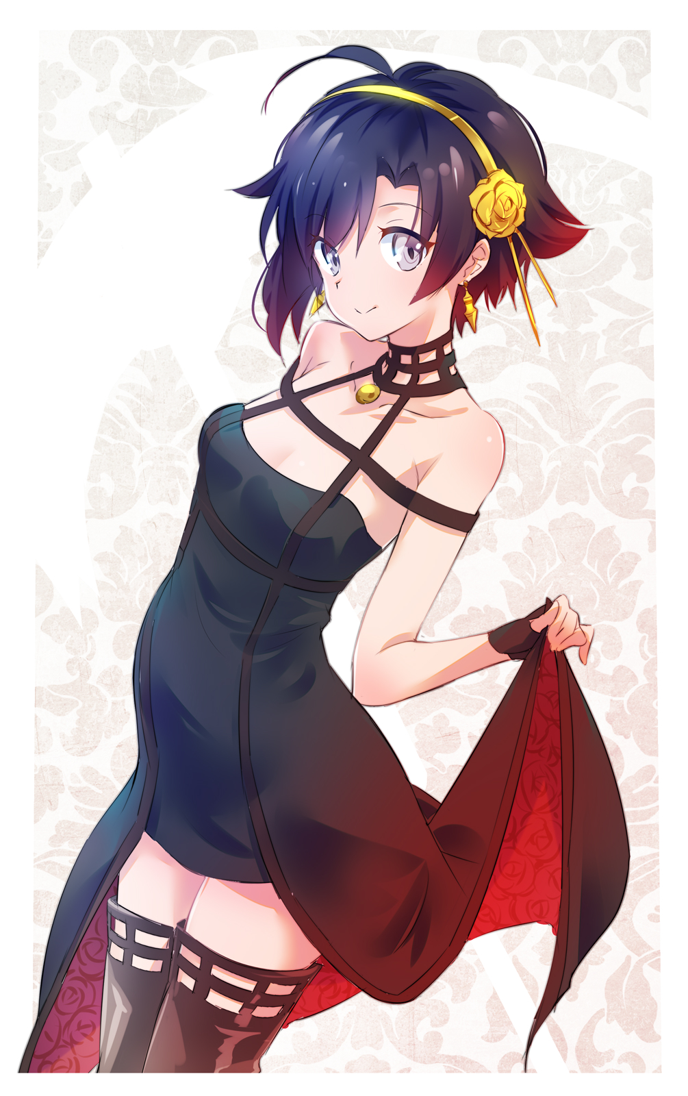 1girl ahoge asymmetrical_hair bare_shoulders black_dress black_gloves black_hair border breasts collarbone colored_tips cosplay cowboy_shot dress earrings fingerless_gloves floral_print gloves gold_earrings gold_hairband grey_eyes highres iesupa jewelry multicolored_hair off-shoulder_dress off_shoulder redhead rose_hair_ornament rose_print ruby_rose rwby short_hair skirt_hold small_breasts solo spikes spy_x_family thigh-highs two-sided_dress two-tone_hair white_border yor_briar yor_briar_(cosplay) zettai_ryouiki