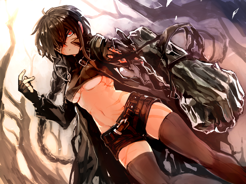 1girl black_gloves black_hair braid breasts brown_legwear brown_shorts closed_mouth dutch_angle eyepatch fingerless_gloves gloves hand_up komota_(kanyou_shoujo) long_hair looking_at_viewer medium_breasts navel one_eye_closed original oversized_forearms oversized_limbs red_eyes short_shorts shorts solo standing thigh-highs under_boob very_long_hair