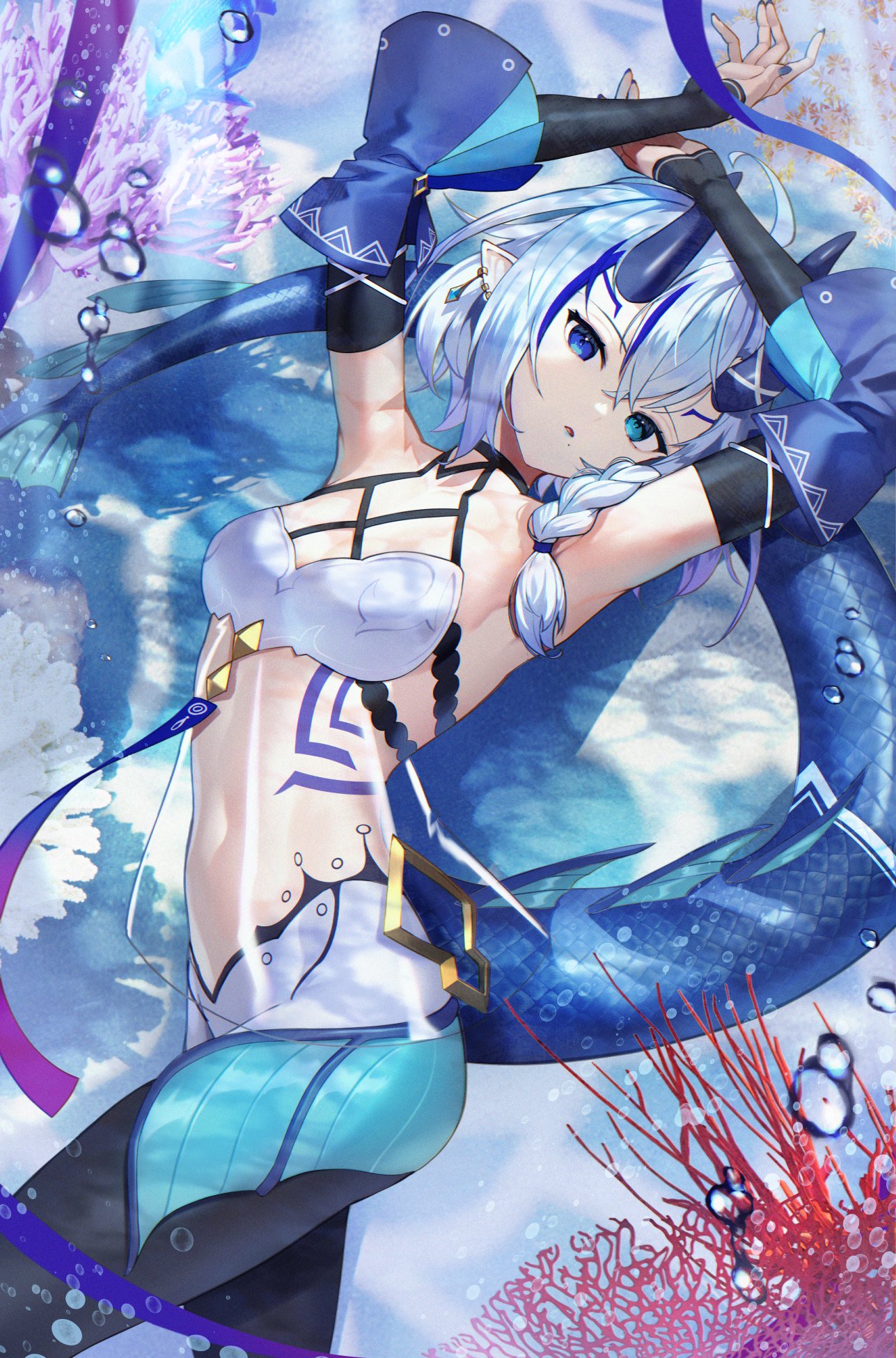 1girl ahoge air_bubble arms_up bangs blue_eyes blue_hair blue_nails bra braid breasts bubble coral crossed_bangs demon_horns detached_sleeves ear_piercing fins fish_tail from_side hair_between_eyes heterochromia highres horns indie_virtual_youtuber long_hair long_sleeves looking_at_viewer looking_to_the_side maia_levia medium_breasts multicolored_hair nail_polish piercing pointy_ears scottie_(phantom2) second-party_source sleeves_past_wrists solo streaked_hair tail underwater underwear virtual_youtuber white_bra