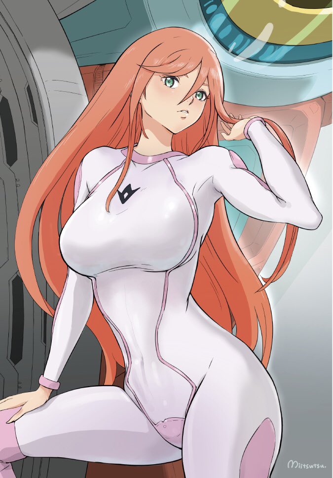 1girl aida_rayhunton bodysuit breasts covered_navel double_vertical_stripe frown g-self green_eyes gundam gundam_g_no_reconguista hair_down hand_on_own_knee holding holding_hair large_breasts looking_at_viewer mecha mitsutsu322 mobile_suit pilot_suit pink_bodysuit pink_hair solo white_bodysuit
