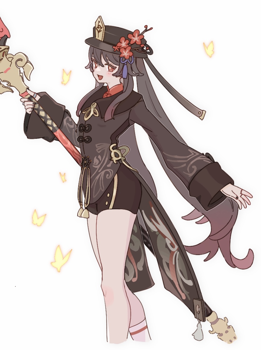 1girl :d bangs black_nails brown_hair brown_headwear brown_shorts bug butterfly genshin_impact holding holding_polearm holding_weapon hu_tao_(genshin_impact) long_hair long_sleeves nail_polish open_mouth piri polearm red_eyes shorts simple_background smile solo spear twintails very_long_hair weapon white_background white_legwear yellow_butterfly