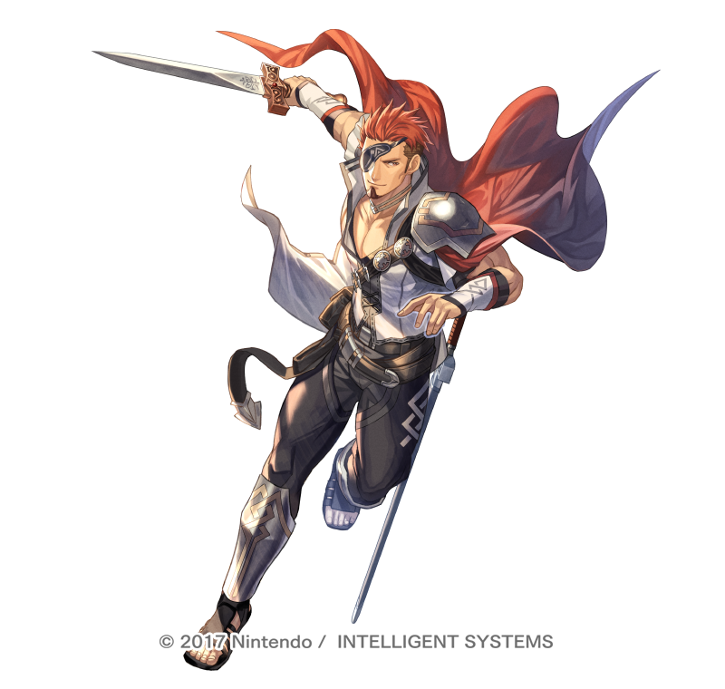 bag cape collared_shirt eyepatch facial_hair fire_emblem fire_emblem_echoes:_shadows_of_valentia fire_emblem_heroes floating_cape frostyvillager full_body goatee holding holding_sword holding_weapon leather_belt leather_strap male_focus muscular muscular_male official_alternate_costume official_art pectorals redhead saber_(fire_emblem) sandals satchel shirt solo sword weapon