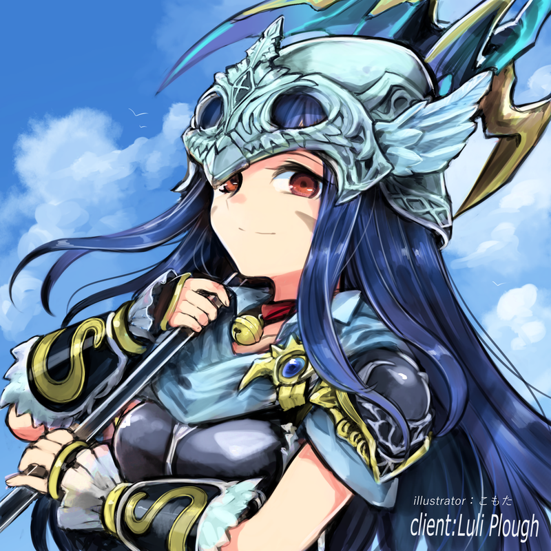 1girl armor bell blue_hair blue_sky bracer character_request closed_mouth commission day final_fantasy final_fantasy_xiv helmet holding holding_polearm holding_weapon jingle_bell komota_(kanyou_shoujo) looking_at_viewer neck_bell outdoors pauldrons polearm red_eyes shoulder_armor skeb_commission sky smile solo weapon