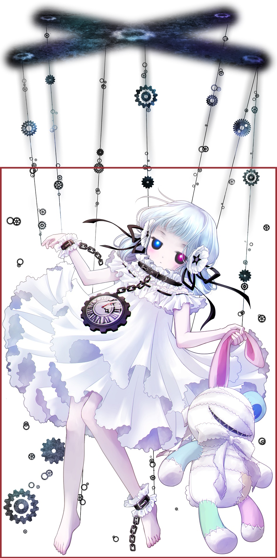 #compass 1girl ankle_cuffs arm_garter bangs black_ribbon black_sclera blue_eyes blue_hair blunt_bangs blush border bow chain child clock collar colored_sclera coquelicot_blanche dress expressionless eyebrows_visible_through_hair flower forehead frilled_dress frills full_body gears hair_flower hair_ornament hair_ribbon hair_rings half-closed_eyes hands_up heterochromia highres holding holding_stuffed_toy itto_maru knees_together_feet_apart leg_garter looking_at_viewer off-shoulder_dress off_shoulder official_art outside_border pale_skin parted_lips puppet_strings red_border red_eyes ribbon ribbon-trimmed_dress roman_numeral short_hair sidelocks solo stitches stuffed_animal stuffed_bunny stuffed_toy third-party_source white_background white_bow white_dress white_flower