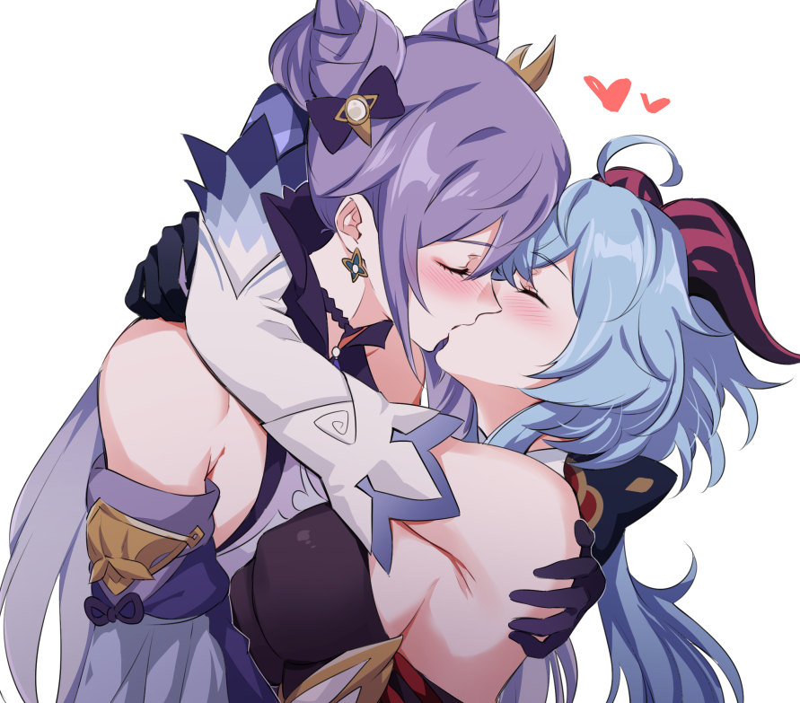 2girls ahoge bare_shoulders black_gloves blue_hair blush breasts closed_eyes detached_sleeves earrings ganyu_(genshin_impact) genshin_impact gloves goat_horns hair_cones heart horns jewelry keqing_(genshin_impact) kiss long_hair medium_breasts multiple_girls negom simple_background twintails upper_body white_background yuri