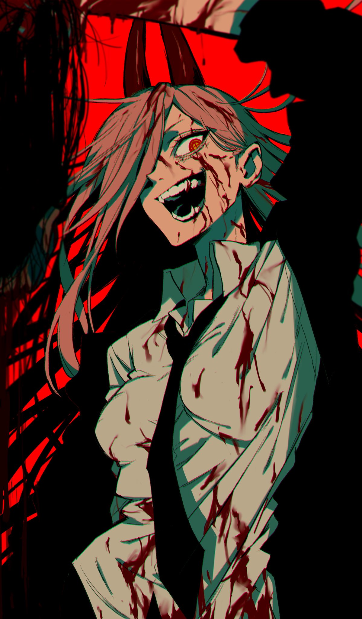 +_+ 1girl black_necktie blood blood_on_clothes blood_on_face business_suit chainsaw_man crazy_eyes crazy_smile crosshair_pupils demon_girl demon_horns fangs formal guro hair_over_one_eye highres horns jacket long_hair loose_necktie necktie open_clothes open_jacket open_mouth power_(chainsaw_man) red_background red_horns ringed_eyes severed_head shirt solo suit suit_jacket teeth urkt_10 white_shirt wing_collar