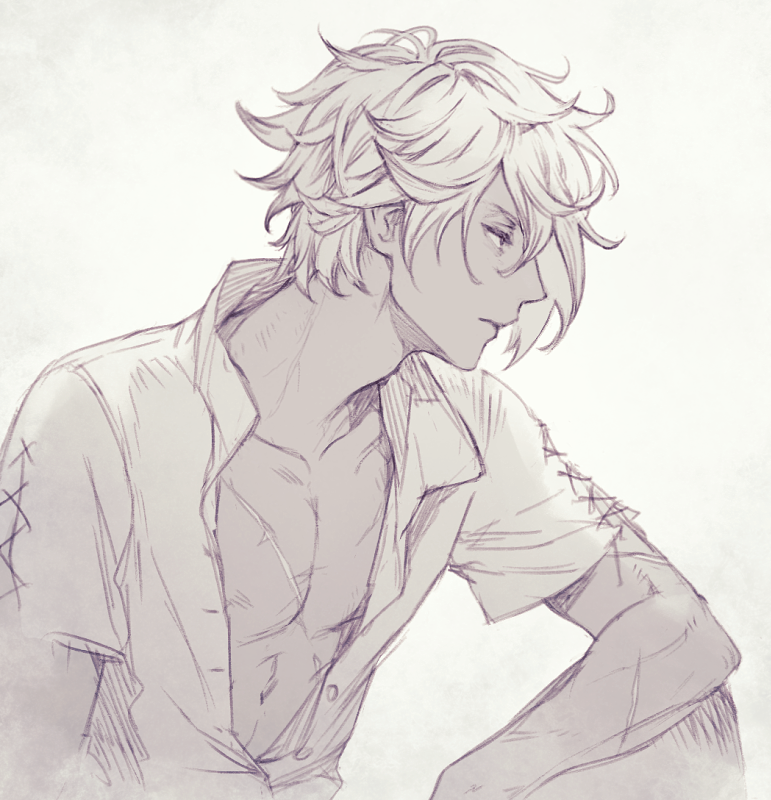 1boy commentary_request grey_background lace-up_sleeves male_focus octopath_traveler partially_unbuttoned satou_kivi scar scar_on_arm scar_on_chest shirt short_hair short_sleeves sketch solo therion_(octopath_traveler) upper_body