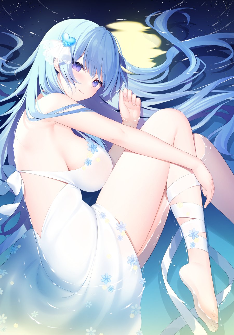 1girl armpits backless_dress backless_outfit bare_arms bare_shoulders barefoot blue_hair breasts dress emori_miku emori_miku_project from_side hair_ornament highres large_breasts leg_ribbon long_hair looking_at_viewer lying miko_(royal_milk) on_side ribbon short_dress sleeveless sleeveless_dress smile solo strap_gap thighs very_long_hair violet_eyes water white_dress white_ribbon