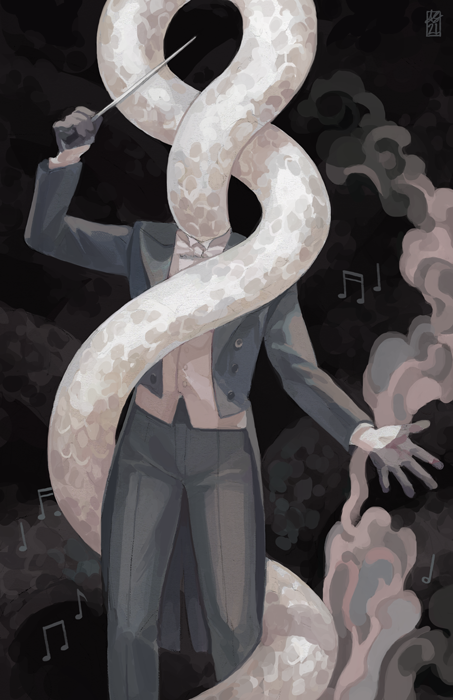 1boy animal_head baton_(conducting) bow bowtie conductor driftwoodwolf feet formal gloves grey_suit half_gloves headless holding jacket male_focus monster_boy musical_note open_clothes open_jacket pants regalia_for_the_wretched scales smoke snake solo striped striped_pants suit white_bow white_bowtie white_snake