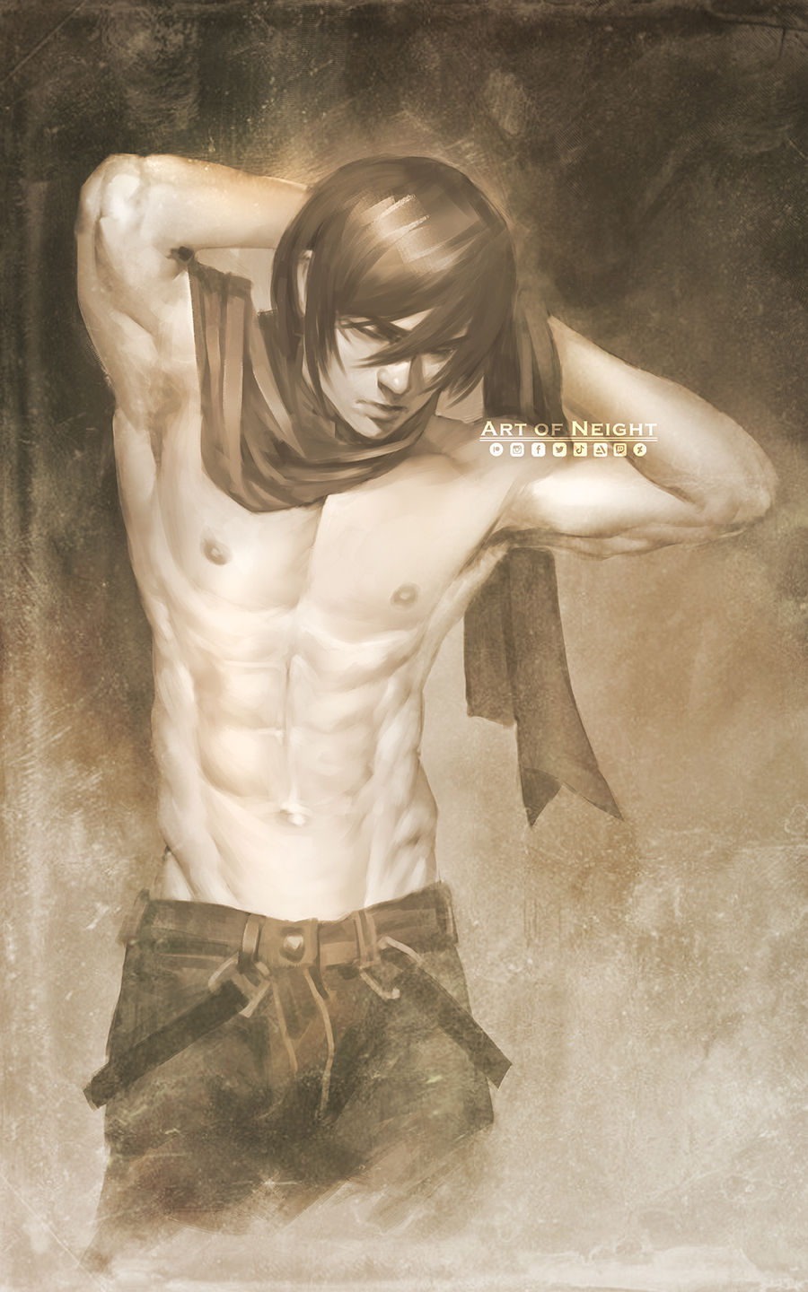 1boy abs armpit_hair armpits arms_behind_head arms_up artist_name brown_theme closed_eyes closed_mouth commentary cowboy_shot english_commentary facial_mark genderswap genderswap_(ftm) hair_between_eyes highres lips logo male_focus mikasa_ackerman monochrome muscular muscular_male nate_artuz navel nipples pants scarf shingeki_no_kyojin short_hair solo suspenders_hanging topless_male