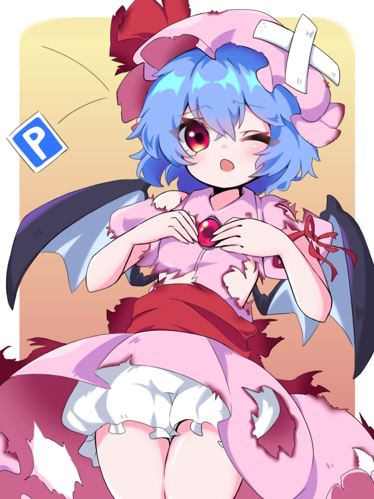 1girl bangs bat_wings bloomers blush brooch crossed_bandaids dress eyebrows_visible_through_hair eyelashes hat jewelry looking_at_viewer mob_cap one_eye_closed pink_dress pink_headwear puffy_short_sleeves puffy_sleeves red_eyes remilia_scarlet shiny shiny_hair short_hair short_sleeves solo tears torn_clothes touhou underwear user_kcgn3755 wings