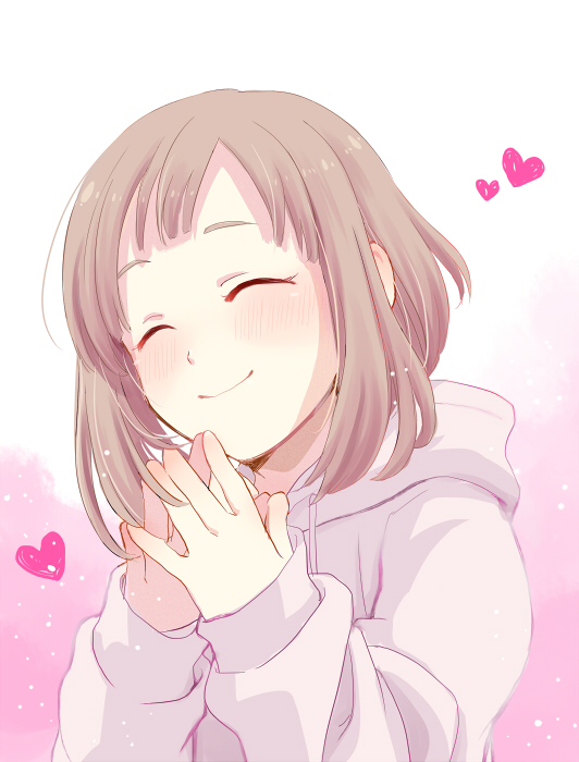 1girl bangs blush brown_hair closed_eyes closed_mouth clytchhitter643 commentary_request etra-chan_wa_mita! gradient gradient_background happy heart hood hoodie long_sleeves own_hands_together pink_background short_hair smile solo tsutsuji_(etra-chan_wa_mita!) upper_body white_background white_hoodie