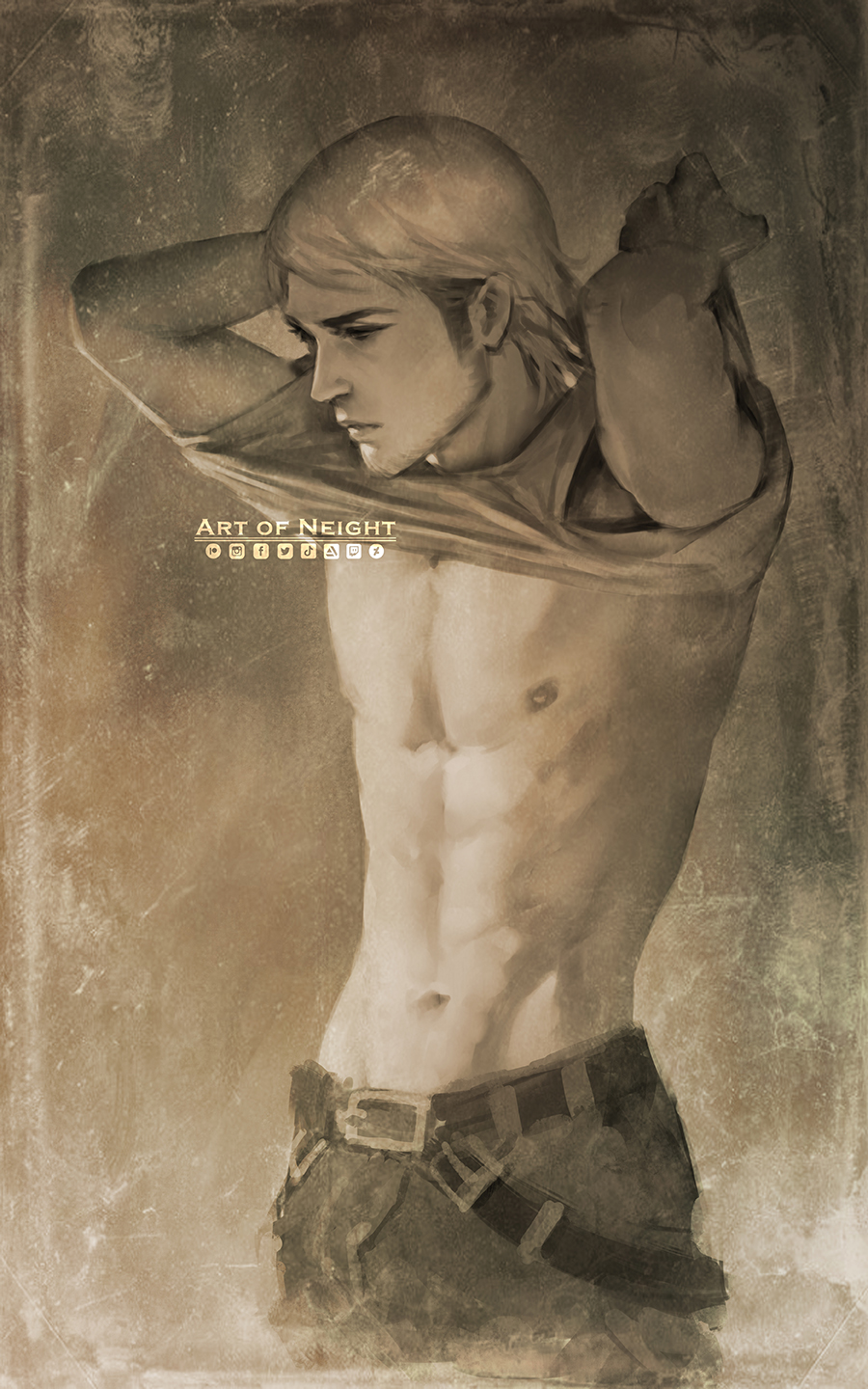 1boy abs arms_up artist_name belt brown_theme commentary cowboy_shot english_commentary facial_hair highres jean_kirchstein logo looking_away male_focus monochrome nate_artuz navel nipples pants shingeki_no_kyojin shirt short_hair short_sleeves sideburns solo stubble undressing