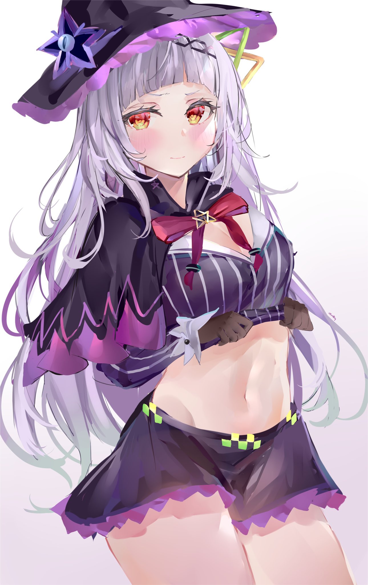 1girl bangs black_capelet blunt_bangs blush breasts brown_gloves capelet closed_mouth clothes_lift gloves grey_hair hat highres hololive light_smile long_hair looking_at_viewer midriff mile_(off8mile) miniskirt multicolored_eyes murasaki_shion navel neck_ribbon red_eyes red_ribbon ribbon shirt shirt_lift simple_background skirt small_breasts smile solo striped striped_shirt white_background witch_hat yellow_eyes