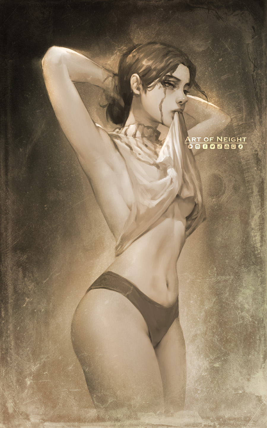 1girl arms_behind_head arms_up artist_name bare_arms bare_shoulders blood blood_on_face breasts brown_theme clothes_lift commentary cowboy_shot english_commentary eyelashes from_side hair_bun highres lara_tybur lips logo looking_away monochrome mouth_hold nate_artuz navel no_pants panties shingeki_no_kyojin sideboob sleeveless sleeveless_turtleneck solo sweater sweater_lift toned turtleneck tying_hair under_boob underwear