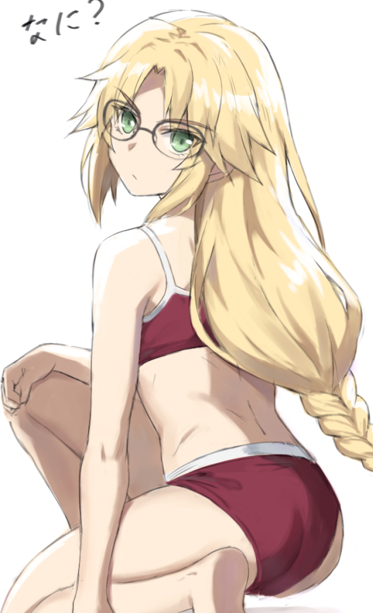 ass blonde_hair from_behind glasses green_eyes highres long_hair looking_at_viewer midriff simple_background tonee white_background