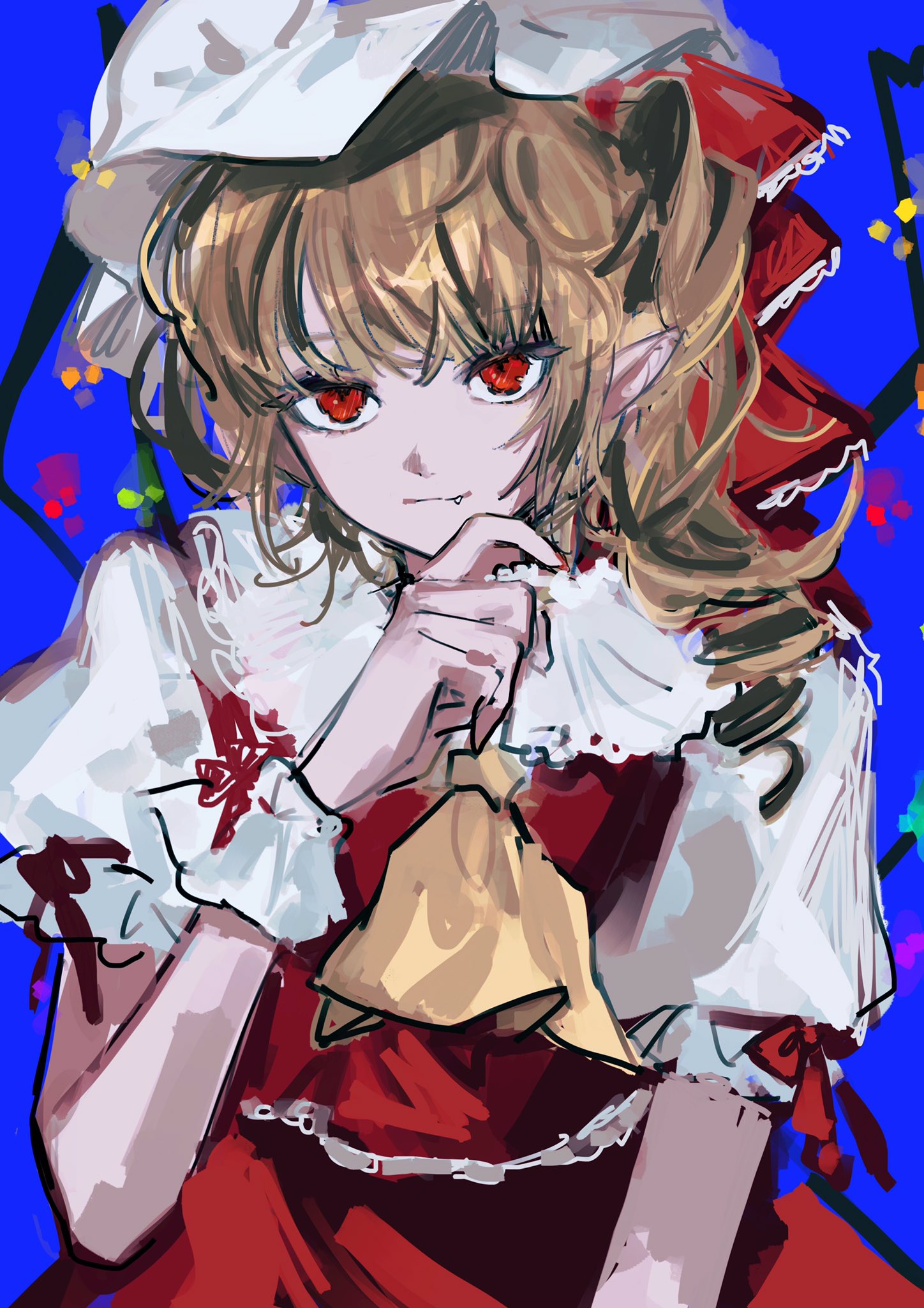 1girl ascot blonde_hair blue_background bow crystal eyebrows_visible_through_hair fang fang_out flandre_scarlet gotagotay hand_up hat hat_bow hat_ribbon highres jewelry light_smile looking_at_viewer mob_cap pointy_ears puffy_short_sleeves puffy_sleeves red_eyes red_nails red_ribbon red_skirt red_vest ribbon shirt short_sleeves simple_background skirt slit_pupils solo touhou upper_body vest white_headwear wings wrist_cuffs