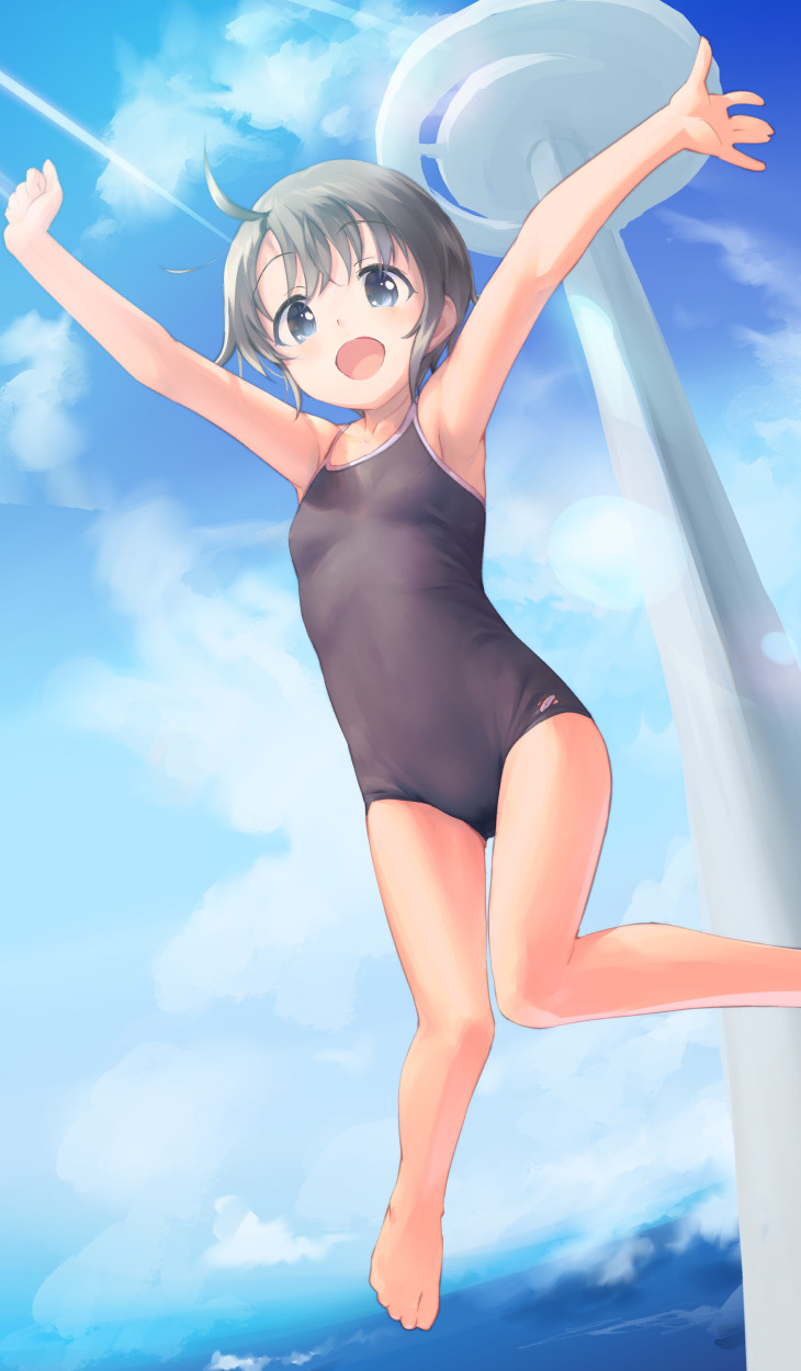 1girl :d ahoge armpits arms_up bangs bare_arms bare_legs barefoot black_eyes black_hair black_swimsuit blue_sky blush breasts brown_eyes brown_hair clouds collarbone competition_school_swimsuit day eyebrows_visible_through_hair flat_chest full_body highres jumping kawaseki midair new_school_swimsuit one-piece_swimsuit open_mouth original outdoors outstretched_arms school_swimsuit short_hair sky small_breasts smile solo spread_arms standing swimsuit