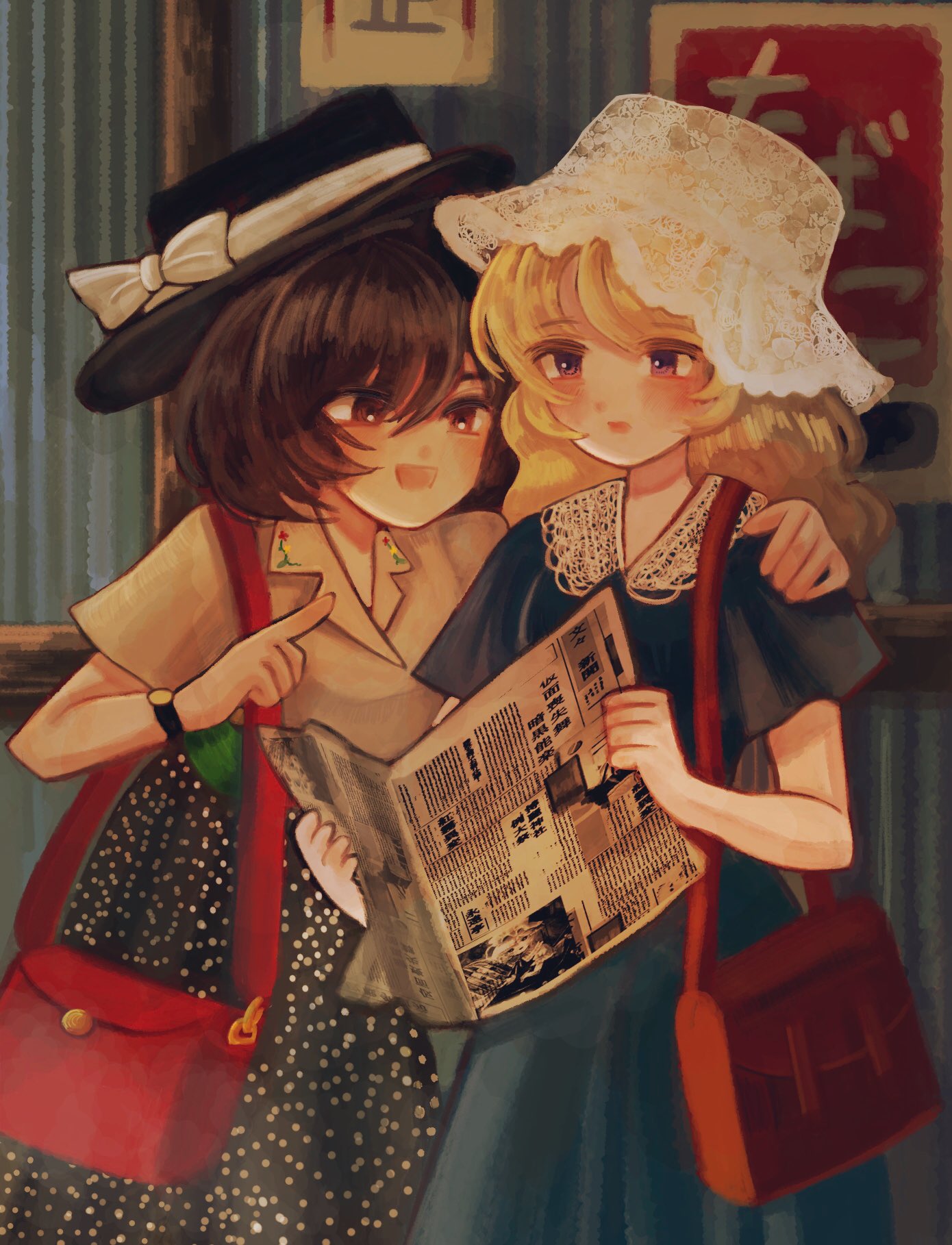 2girls :d alternate_costume arm_around_shoulder bag black_headwear blonde_hair blue_dress blush bow brown_eyes brown_hair collared_shirt commentary cowboy_shot dress eyebrows_visible_through_hair fedora grey_skirt hair_between_eyes hand_on_another's_shoulder hat hat_bow hell0120 highres holding holding_newspaper long_hair looking_at_object maribel_hearn medium_hair multiple_girls newspaper open_mouth reading red_bag shirt short_sleeves shoulder_bag skirt smile touhou usami_renko violet_eyes white_bow white_headwear white_shirt