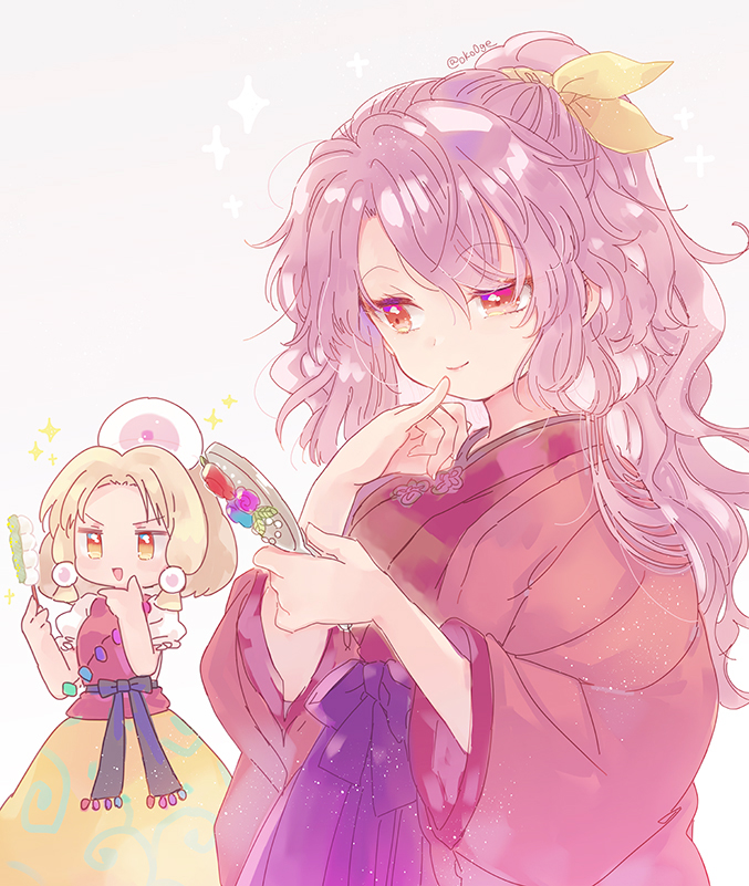 2girls :d artist_name biyon blonde_hair dango eyebrows_visible_through_hair feet_out_of_frame food hand_on_own_chin hands_up holding holding_skewer japanese_clothes kimono komakusa_sannyo long_hair multiple_girls pinky_out ponytail purple_background red_eyes simple_background skewer smile sparkle tamatsukuri_misumaru touhou twitter_username uneven_eyes upper_body v-shaped_eyebrows wagashi