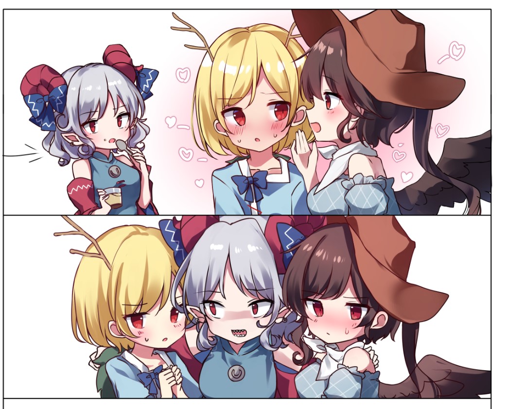 3girls antlers arms_up bangs bare_shoulders blonde_hair blue_bow blue_dress blue_ribbon blue_shirt blush bow box breasts brown_hair brown_headwear closed_mouth collarbone commentary_request cowboy_hat detached_sleeves dress earrings eating eyebrows_visible_through_hair food food_on_face gradient gradient_background grey_hair hand_on_another's_shoulder hands_up hat heart horns jewelry kicchou_yachie kurokoma_saki long_hair long_sleeves looking_at_another looking_away looking_to_the_side medium_breasts moshihimechan multiple_girls off-shoulder_dress off_shoulder open_mouth pink_background plaid plaid_dress pointy_ears ponytail pudding puffy_short_sleeves puffy_sleeves red_eyes ribbon scarf sharp_teeth shirt short_hair short_sleeves simple_background smile spoon standing sweat sweatdrop teeth touhou toutetsu_yuuma turtle_shell upper_body white_background white_scarf wide_sleeves wings yuri