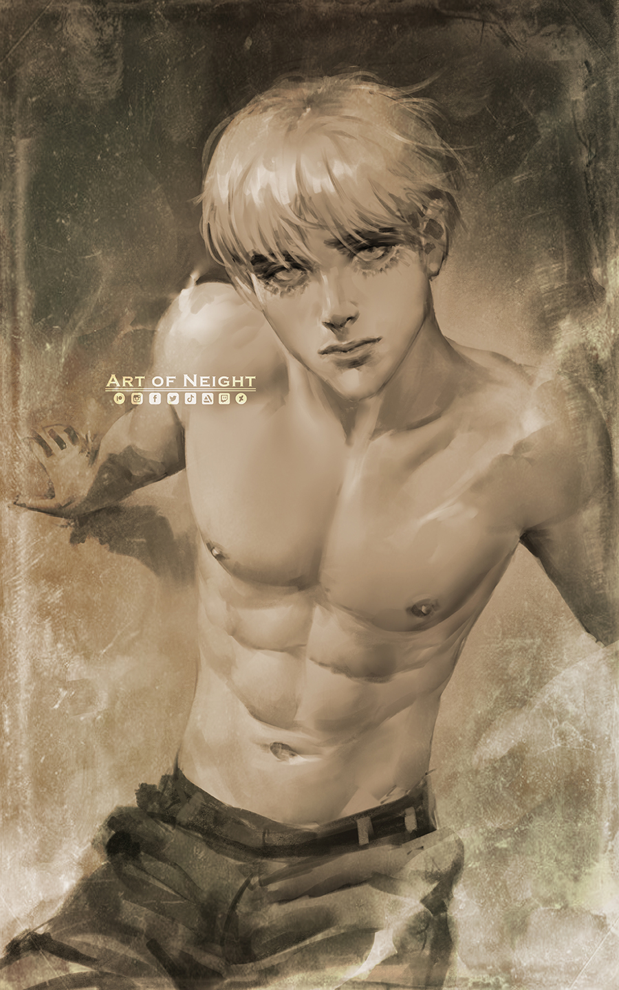 1boy abs arm_support armin_arlert artist_name bangs brown_theme closed_mouth commentary english_commentary facial_mark highres leaning_back lips logo looking_at_viewer looking_up male_focus monochrome nate_artuz navel nipples pants shingeki_no_kyojin short_hair solo steam topless_male