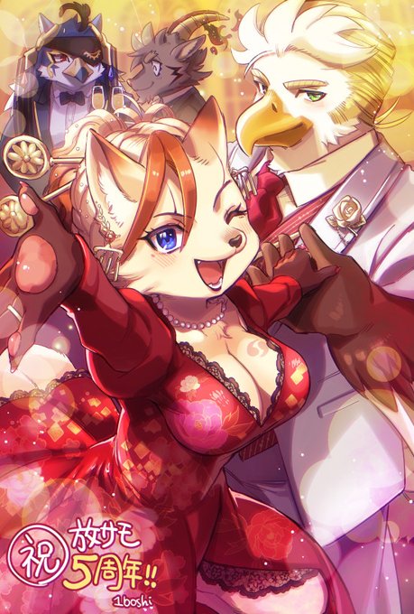 1girl 3boys 5_(1boshi) animal_ears animal_nose anniversary beak bird_boy black_vest blonde_hair blue_eyes body_fur bow bowtie breasts champagne_flute chest_tuft claws closed_eyes collared_shirt cup dress drinking_glass earrings eyepatch formal fox_ears fox_girl furry furry_female furry_male goat_boy goat_ears goat_horns green_eyes hakumen_(housamo) horns horus_(housamo) jewelry long_hair looking_at_viewer medium_breasts mephistopheles_(housamo) multiple_boys necktie open_mouth pawpads ponytail red_dress red_necktie shirt short_hair smile snout striped striped_vest suit thunderbird_(housamo) tokyo_afterschool_summoners traditional_bowtie upper_body vest white_shirt white_suit yellow_fur