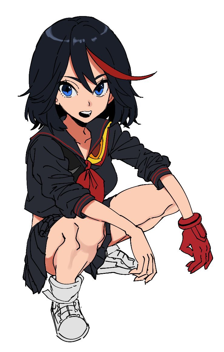 1girl black_hair black_sailor_collar black_shirt black_skirt blue_eyes boots commentary_request gloves hair_between_eyes kill_la_kill looking_at_viewer matoi_ryuuko medium_hair midriff_peek multicolored_hair neckerchief open_mouth pleated_skirt red_gloves red_neckerchief redhead sailor_collar school_uniform senketsu serafuku shirt simple_background single_glove skirt sleeves_rolled_up solo squatting streaked_hair thighs two-tone_hair urkt_10 white_background white_footwear