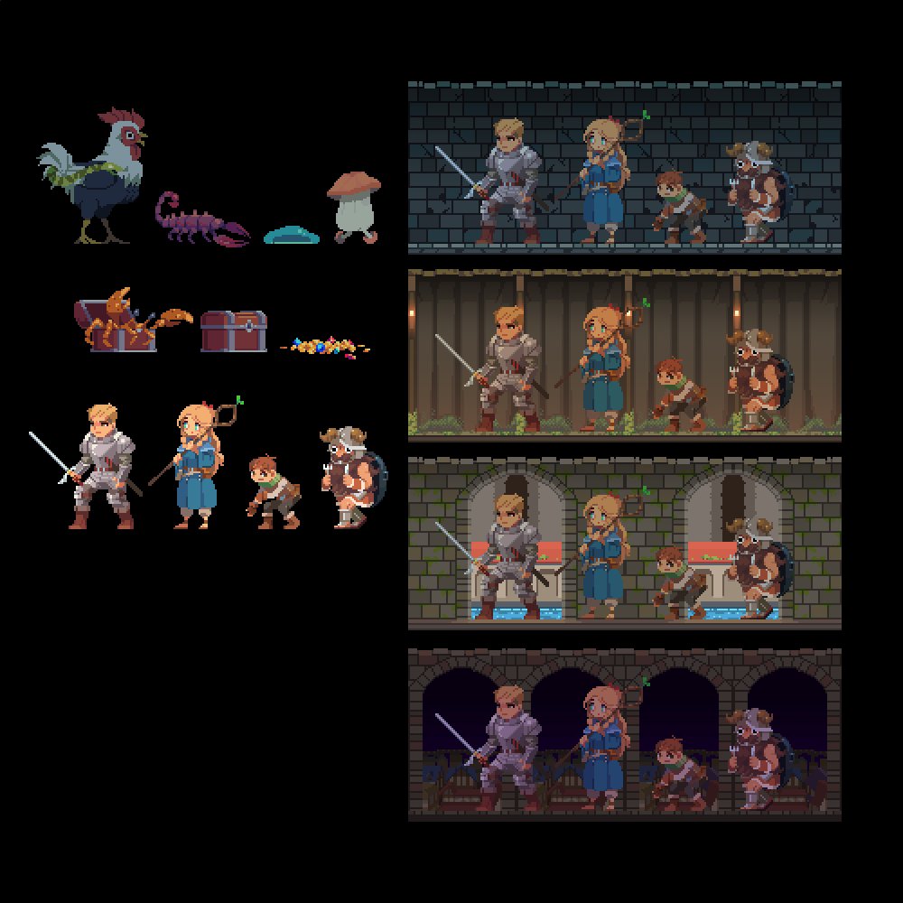 1girl 3boys arch armor bird black_background blonde_hair blue_robe brick_wall buchumilk chicken chilchuck dungeon_meshi fake_horns fighting_stance fork gold grass hallway helmet holding holding_fork holding_knife holding_staff holding_sword holding_weapon horned_helmet horns knife laios_thorden leaning_forward lineup lobster long_hair long_sleeves marcille multiple_boys multiple_views night pants pixel_art rooster scorpion senshi_(dungeon_meshi) shin_guards simple_background sleeveless slime_(creature) staff standing sword treasure_chest variations walking_mushroom_(dungeon_meshi) water weapon wok wrist_cuffs