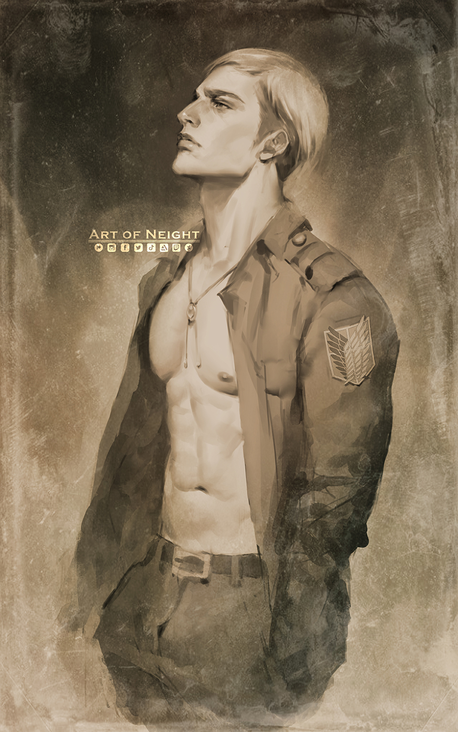 1boy abs artist_name belt brown_theme closed_mouth commentary cowboy_shot emblem english_commentary erwin_smith furrowed_brow highres jacket jewelry lips logo long_sleeves looking_away looking_up male_focus monochrome nate_artuz navel necklace nipples open_clothes open_jacket pants paradis_military_uniform pendant profile shingeki_no_kyojin short_hair sideburns solo survey_corps_(emblem) toned toned_male undercut