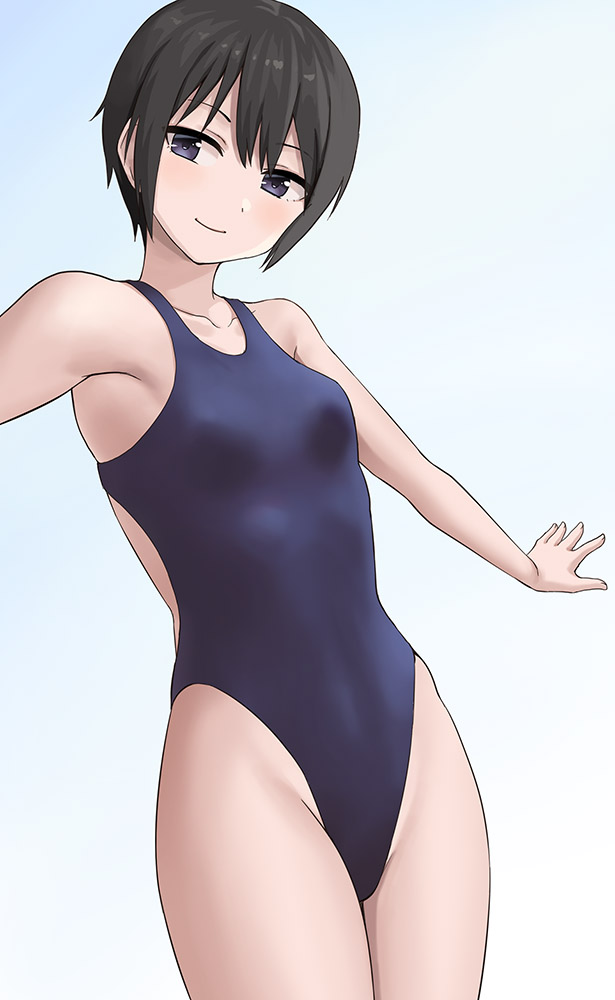 1girl black_eyes black_hair black_swimsuit blue_sky breasts clouds commentary_request competition_swimsuit cowboy_shot day gradient gradient_background hashi highleg highleg_swimsuit one-piece_swimsuit original outdoors short_hair sky small_breasts smile solo standing swimsuit white_background