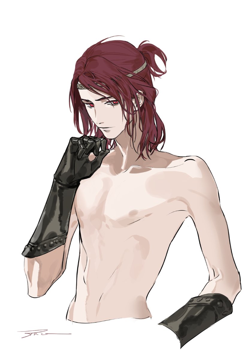 1boy collarbone commentary cropped_torso elden_ring english_commentary gauntlets half_updo hand_up headband looking_at_viewer male_focus nude red_eyes redhead ruint simple_background solo tarnished_(elden_ring) white_background