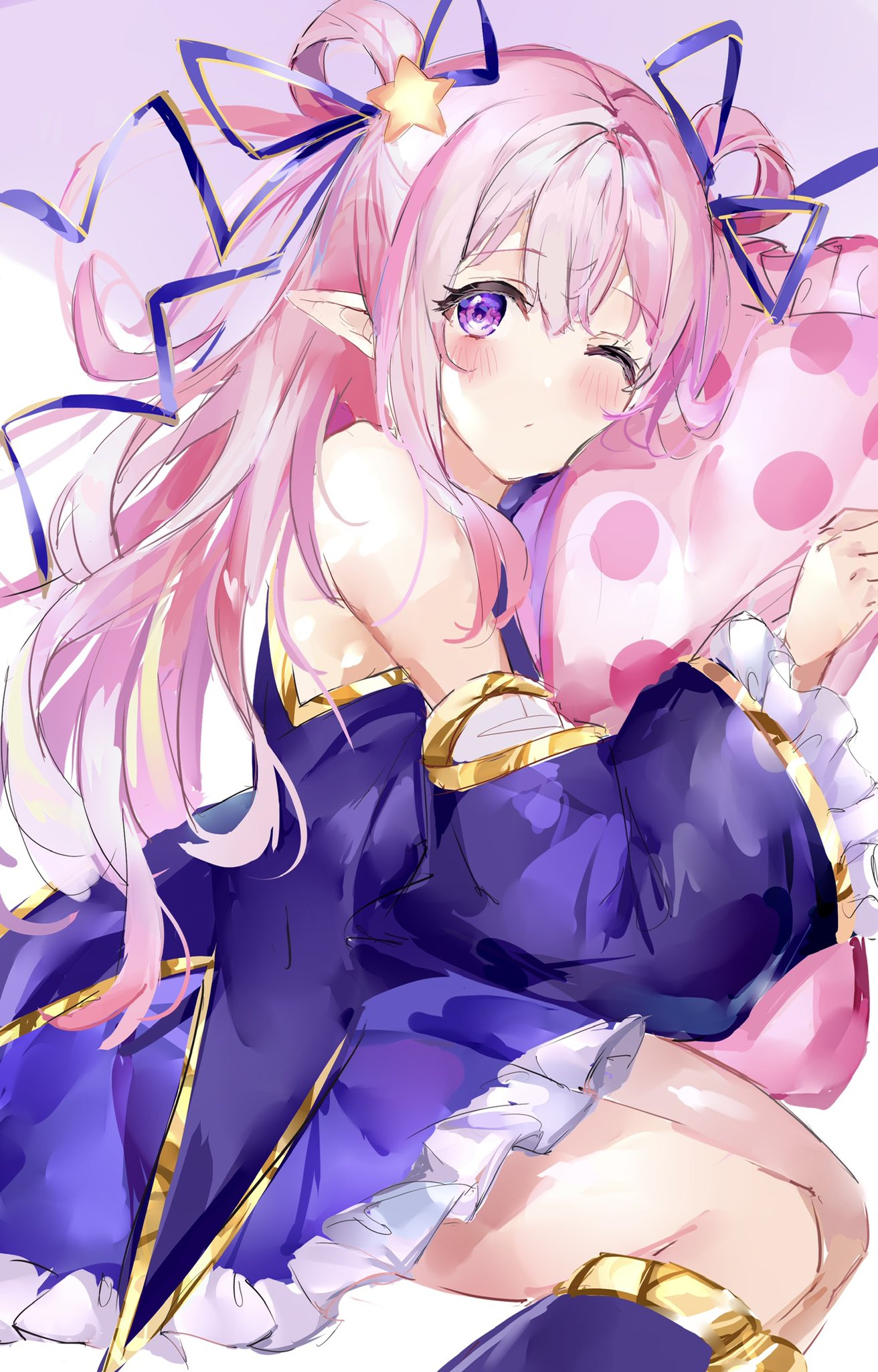 1girl blue_ribbon blush closed_mouth dress feet_out_of_frame hair_ribbon hair_rings hatsune_(princess_connect!) highres invisible_chair long_sleeves looking_at_viewer mile_(off8mile) object_hug one_eye_closed pillow pillow_hug pink_hair pointy_ears princess_connect! purple_dress ribbon simple_background sitting solo violet_eyes white_background