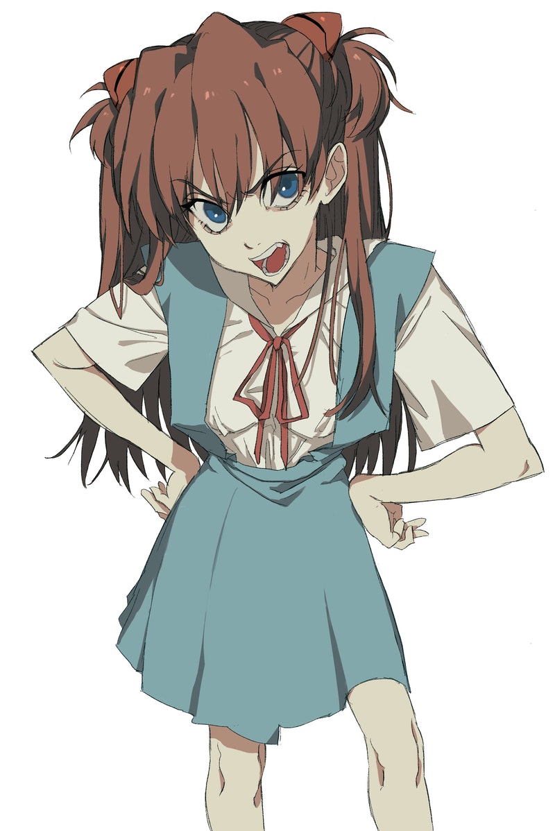 1girl bangs blue_eyes blue_skirt collarbone collared_shirt commentary_request commission eyebrows_visible_through_hair knees_up long_hair looking_at_viewer neck_ribbon neon_genesis_evangelion open_mouth red_ribbon redhead ribbon school_uniform shirt skeb_commission skirt solo souryuu_asuka_langley standing teeth urkt_10 v-shaped_eyebrows white_background white_shirt