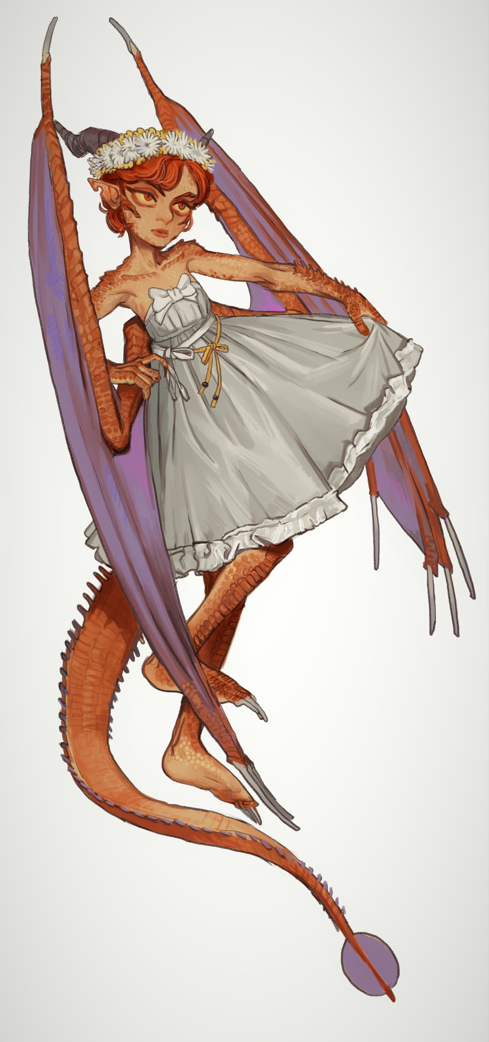 1girl closed_mouth colored_sclera dragon_girl dragon_horns dragon_tail dragon_wings dress fingernails grey_dress head_wreath highres horns mossacannibalis original pointy_ears red_eyes red_lips redhead scales sharp_fingernails sharp_toenails short_hair simple_background solo strapless strapless_dress tail toenails white_background white_dress wings yellow_sclera