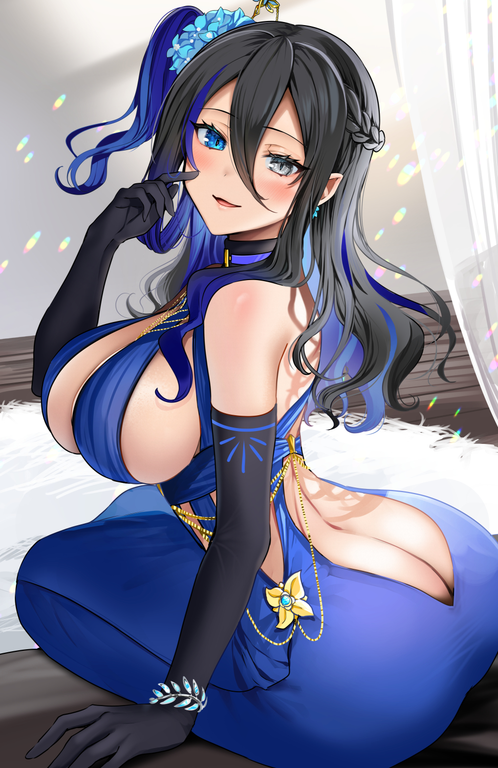 1girl ass ass_cutout back_cutout bare_shoulders black_gloves black_hair blue_dress blue_eyes blue_hair bracelet braid breasts butt_crack carpet clothing_cutout dress elbow_gloves gloves grey_eyes hair_between_eyes heterochromia highres jewelry large_breasts long_hair looking_at_viewer multicolored_hair necklace open_mouth original playing_with_own_hair side_ponytail sideboob sitting sleeveless sleeveless_dress smile solo two-tone_hair yunamaro