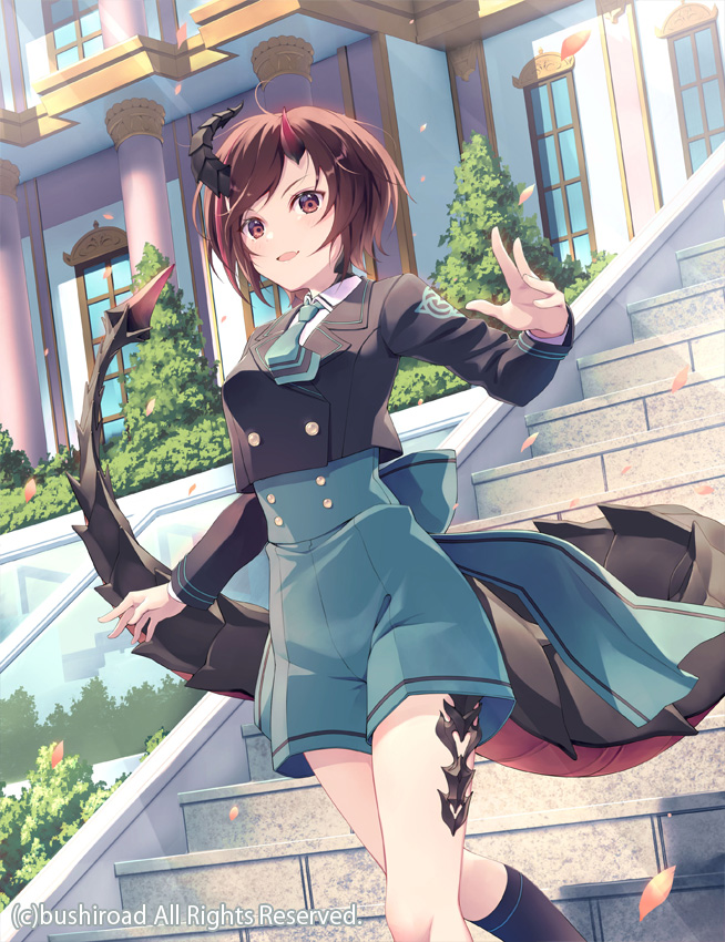 1girl :d bangs black_jacket black_legwear blazer blue_necktie blue_skirt brown_eyes brown_hair building cardfight!!_vanguard:_overdress character_request collared_shirt commentary_request cropped_jacket dragon_girl dragon_horns dragon_tail fang feet_out_of_frame horns jacket long_sleeves looking_at_viewer necktie official_art petals school_uniform shirt short_hair skirt smile socks solo stairs stone_stairs swept_bangs tail walking watermark white_shirt window yoshino_ryou